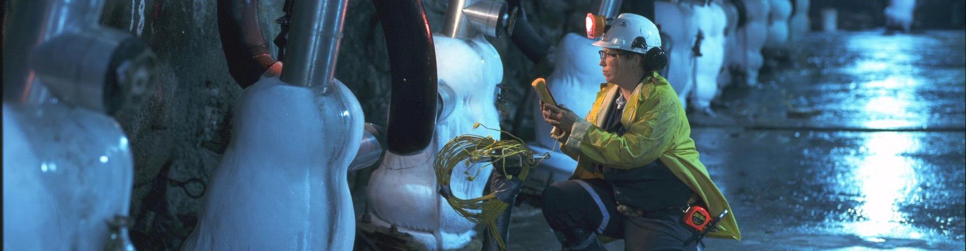 Up-hole drilling in frozen ground, McArthur underground mine, Saskatchewan. Canada. 